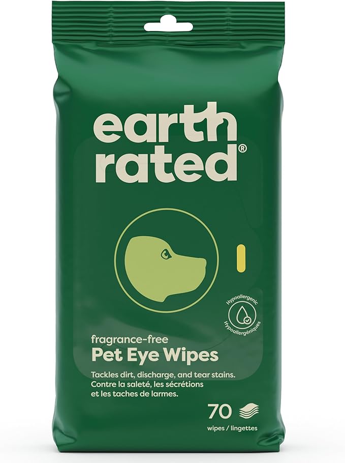 Earth Rated Pet Eye Wipes, Hypoallergenic Cleaner for Dogs & Cats Eyes to Remove Dirt & Discharge, Fragrance Free, 70 Count