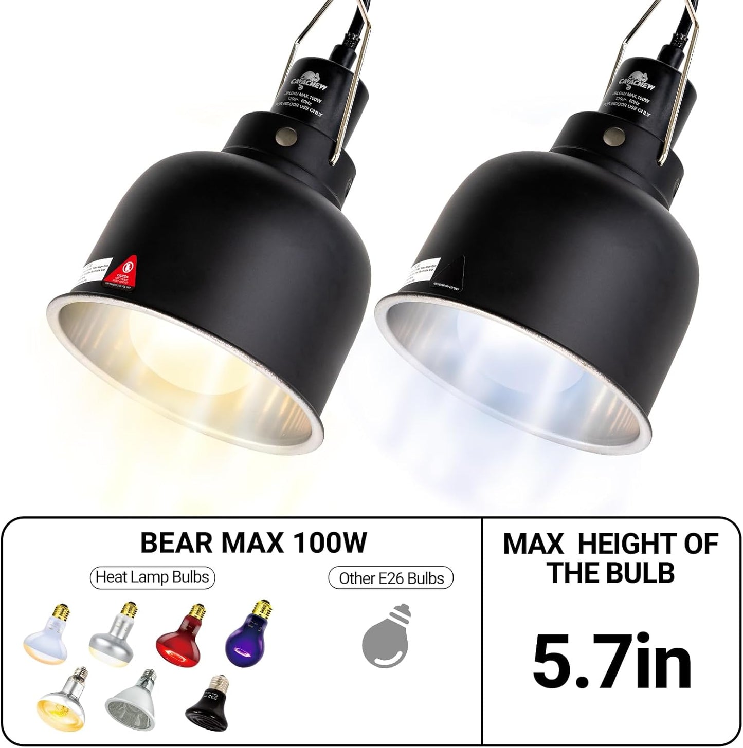 2 Pack Reptile Light Fixture, 5.5in Deep Dome Reptile Lamp Fixture, Optical Reflection Cover, Separate Switche & Hook, Terrarium Light Fixture for Reptile Heat Basking UVB Bulbs, 100W, Black