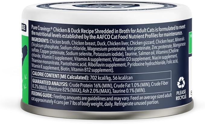 Chicken and Duck Recipe in Broth, Shredded Wet Cat Food, Grain-Free Protein, Non-GMO, 12 Pack