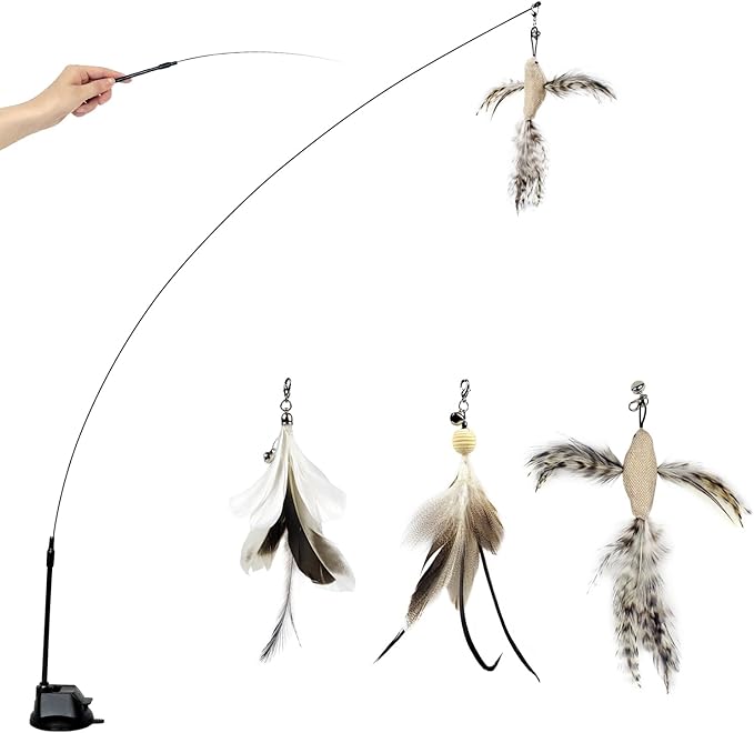 Cat Wand Toys with Suction Cup, Interactive Bird Simulation Cat Toy Set,Cat Teaser Cat Toys,Flexible Steel Wire and 3Pcs Replacement Feather Refills with Bells.