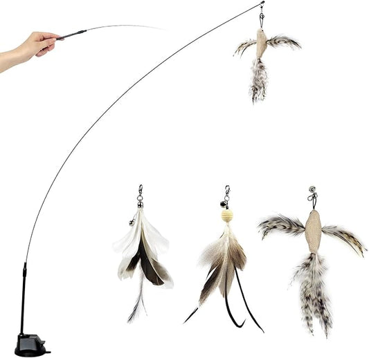 Cat Wand Toys with Suction Cup, Interactive Bird Simulation Cat Toy Set,Cat Teaser Cat Toys,Flexible Steel Wire and 3Pcs Replacement Feather Refills with Bells.