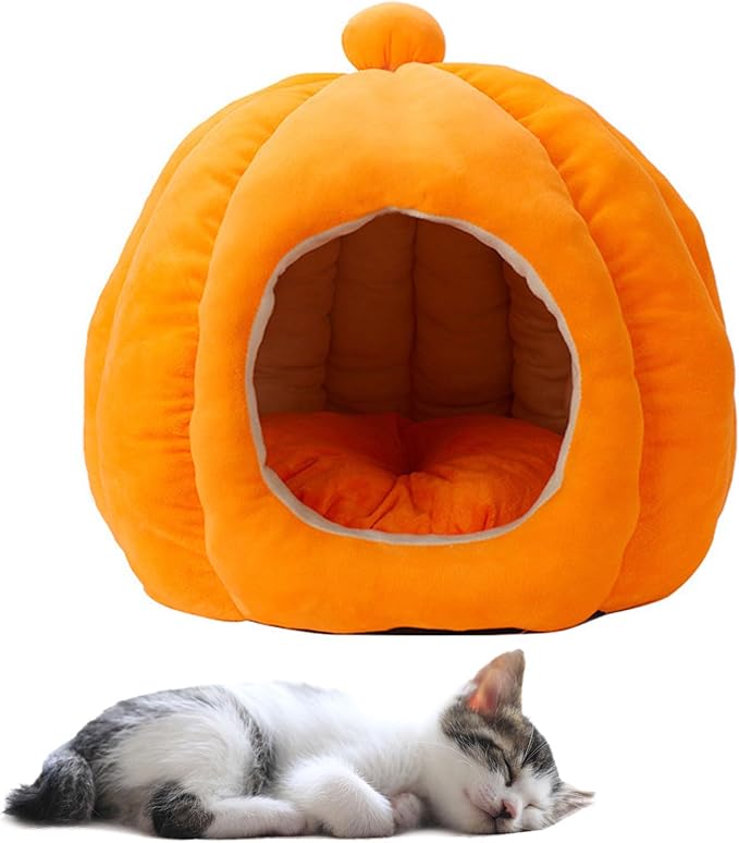 Cat Bed for Indoor Cats, Cute Pumpkin Style Cat Cave Bed Cat House Tent with Removable Cushion Soft Fluffy Pet Bed for Kitten Small Cat Rabbit Bunny (Orange)