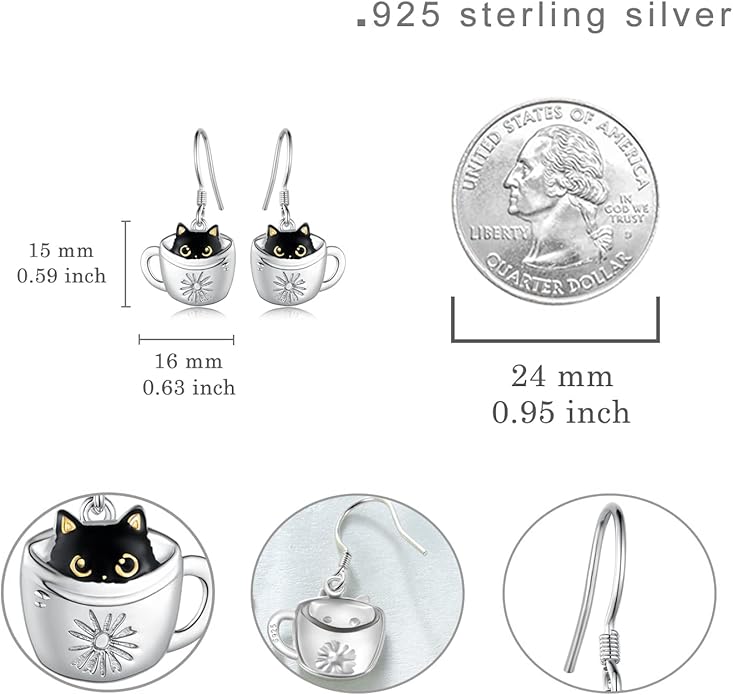 Black Cat Earrings 925 Sterling Silver Mushroom Cat/Black Cat/Panda/Sloth/Capybara/Boston Terrier/Shih Tzu Dangle Earrings Cute Animal Drop Earrings Jewelry Gifts for Women