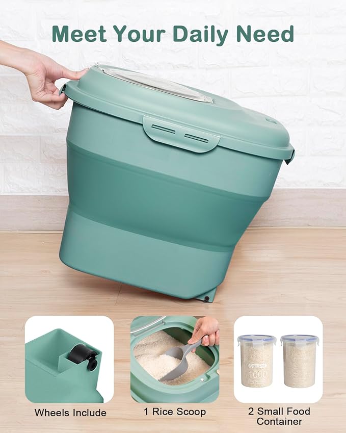 20-50 Lbs Food Storage Containers,Collapsible Rice Container with Wheel Airtight Locking Lid,Flour Storage Container with Small Food Container and Scoop,Suitable for Food,Rice,Pet Food,Flour