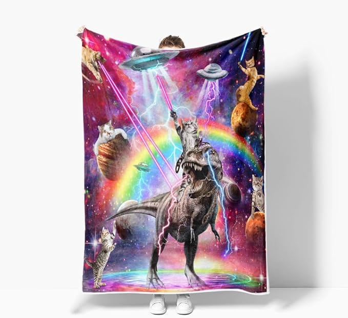Funny Dinosaur Blankets, Farmhouse Cool Cat Riding Dino in Purple Galaxy Space Food Fleece Throw Blanket All Season Cozy Soft Lightweight Couch Sofa Bed Bedding
