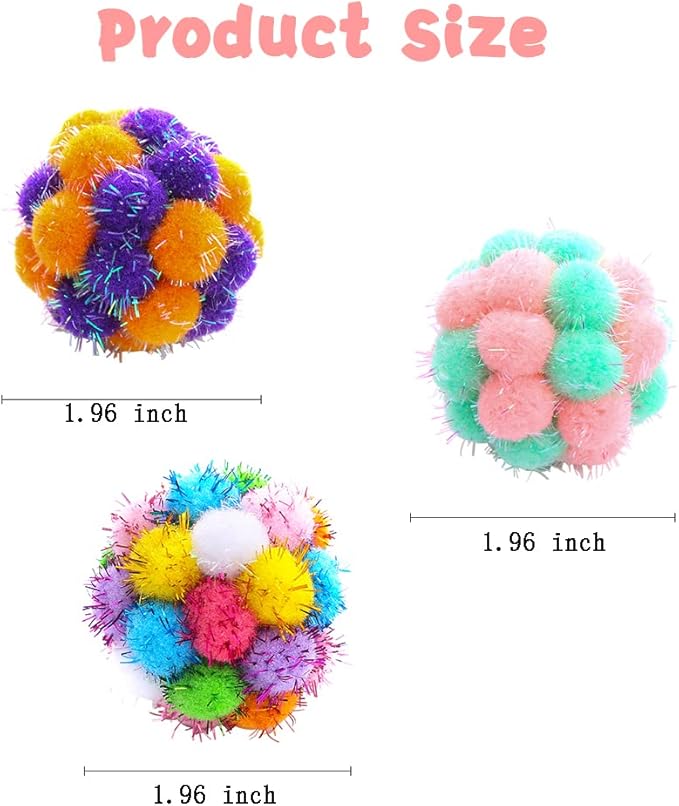 TUSATIY Cat Toys Balls with Bells 3PCS, Color Cat Pom Pom Balls,Tinsel Sparkle Balls,Interactive Toy for Indoor Cats Kitten