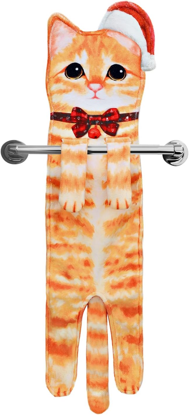 Cat Hand Towels for Kitchen Bathroom - Cute Cat Decor Gadgets - Hanging Soft Absorbent Hand Face Towel - Funny Unique Christmas Birthday for All Women Mom Cat Lovers - Orange