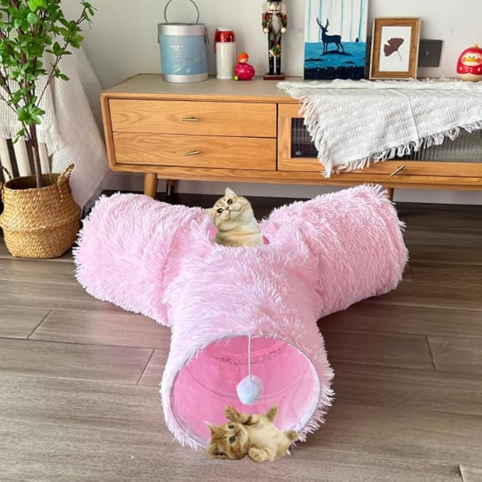 Cat Tunnel Tube Toys, Tunnels for Indoor Cats Soft Warm Pink Plush, 3 Way Collapsible Interactive Toy Maze House with Peek Hole Dangling Ball for Rabbit, Puppy, Kitty, Kittens