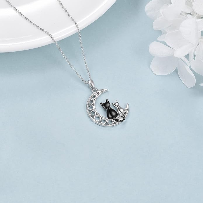 Black Cat Necklace for Women Sterling Silver Celtic Moon Cat Jewelry Gifts