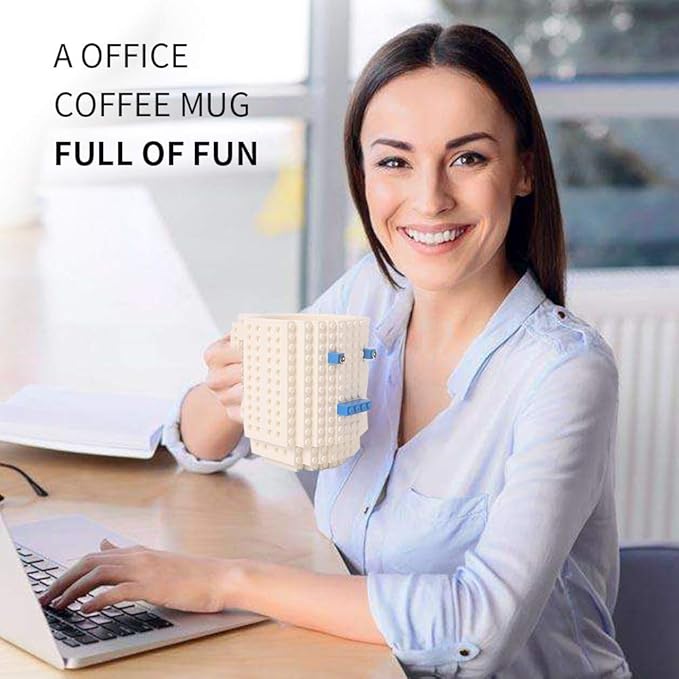 Build-on Brick Coffee Mug, Funny DIY Novelty Cup with Building Blocks Creative for Kids Men Women Xmas Birthday (White)