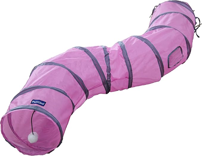 PetLike S Way Cat Tunnel Collapsible Pop-up Pet Tube Hideaway Play Toy with Ball (S-Way, Pink)