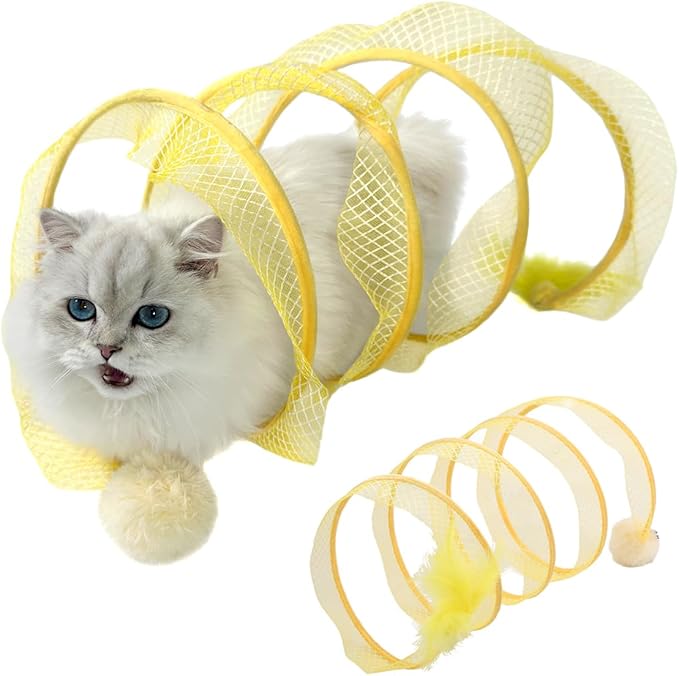 Folded Cat Tunnel, Cat Tunnel for Indoor Cats, Collapsible Cat Tunnel with Feather and Bell, Folded Cat Tubes, Cat Spring Toys for Rabbits and Cats, Portable Pet Toy (Yellow)