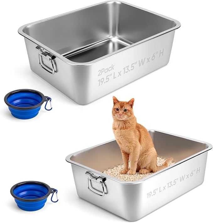 2 Pack Stainless Steel Litter Box with Handle for Cat and Rabbit, 19.5" L x 13.5" W x 6" H, Odor Control Litter Pan, Fold-able Feeding Plate, Non Stick Smooth Surface