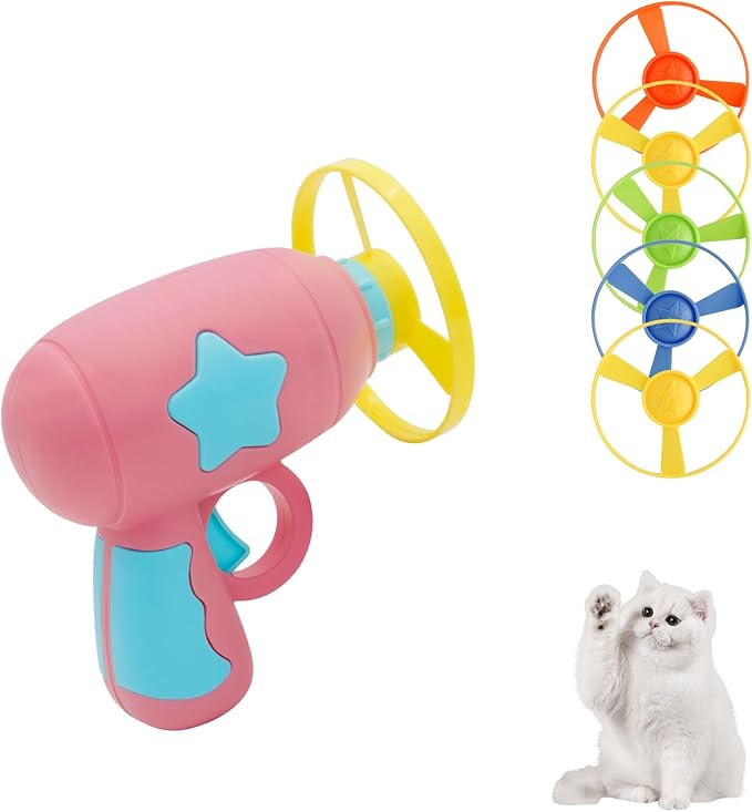 Andiker Cat Fetch Toy, Interactive Cat Flying Disc Launcher Toy with 5 Colorful Flying Propellers for Cat Enrichment, Flying Saucer Toy for Cat for Training and Chasing (Pink)