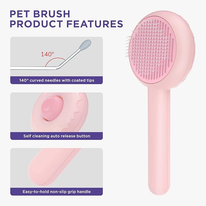 HICC GROOM! Pet Grooming Brush for Cats and Dogs, Self-Cleaning Sliker Brush, Pink