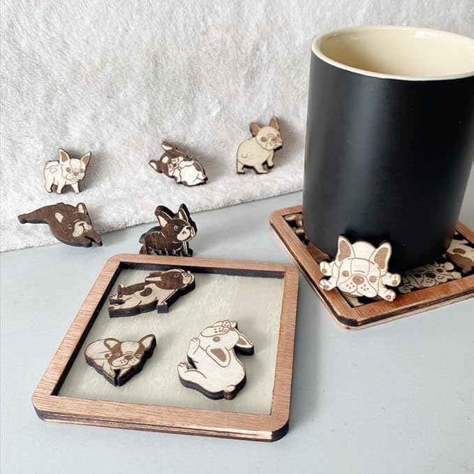 02 French Bulldog Dog Puzzle Wooden Coaster Set - Interlocking Jigsaw Drink Mats with Laser-Cut Design for Pet Lovers (02 French Bulldog Coasters)