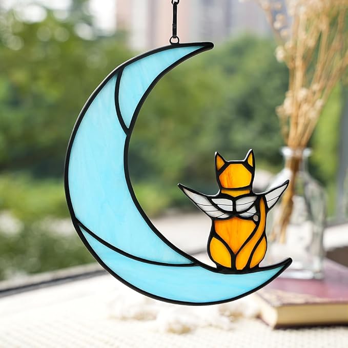 BOXCASA Angel Cat on Moon Memorial Gifts,Orange Cat Stained Glass Window Hangings,Rainbow Bridge Pet Memorial Gifts for Women,Loss of Pet Sympathy Gift for Women Mom