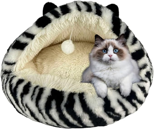 Hooded Plush Cat Bed Cave, Comfy for Indoor Cats, Calming Soft Faux Fur, Anti-Anxiety Plush Hooded Cat Cave with Fluffy Hanging Ball, Washable Anti-Slip, Playful Cat Bed(Black/White, S)
