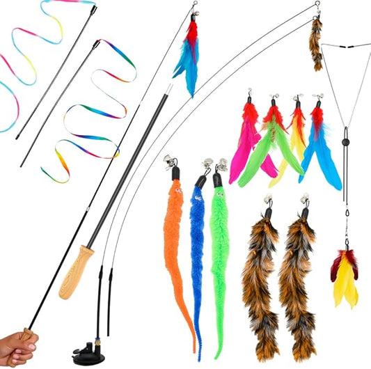 Cat Toys Set Cat Fishing Pole Toy Retractable Cat Wand Toy Suction Cup Cat Toys for Indoor Cats Door Hanging Cat Toy Cat String Toy Cat Teaser Wand Hanging Cat Toy Cat Feather Toy Cat Toy Wand Kitten