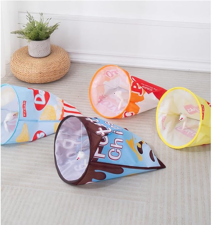 Creative Potato Chip Bag Folding Ring Paper Cat Tunnel Cat Toy Self High Fun Hide and Seek Rolling Dragon Channel Cat Drill Bag with Hanging Toy Pet Supplies (Blue)