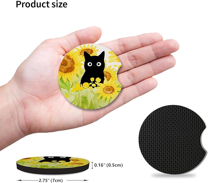 Car Coasters for Cup Holders，Sunflowers and Cat Cute Car Assecories for Women,2 Pack Cup Holder Coasters for Car, Anti Slip Rubber Car Cup Mat with A Finger Notch 2.75"