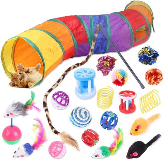 Cat Toys Set, Kitten Toy for Cat, Cat Tunnels for Indoor Cats, Cat Toy for Indoor Cats,Cat Interactive Toys with Crinkle Ball, Jingle Bells, Spring Toy, Mouse Toys for Cats Kitty (20pcs)