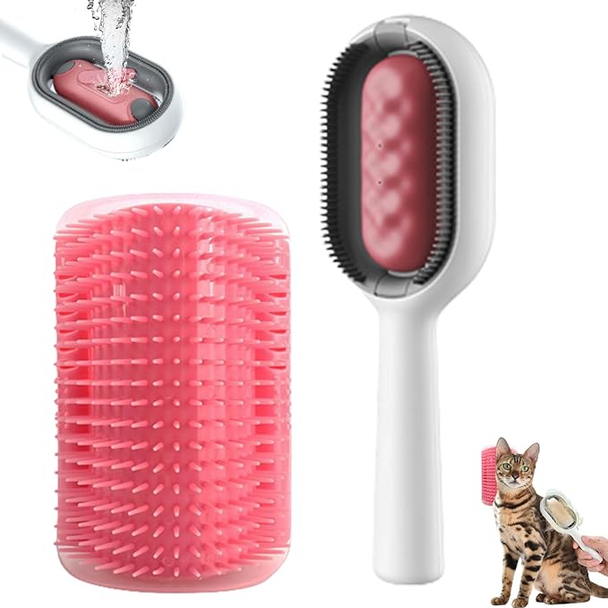 2 PCS Cat Grooming brush, Cat Self Groomers with Catnip, Pet Hair Removal Comb with Water Tank,Cat Accessories Including Soft Tissue for Indoor Long Fur Kitten Massage and Cleaning(Pink)