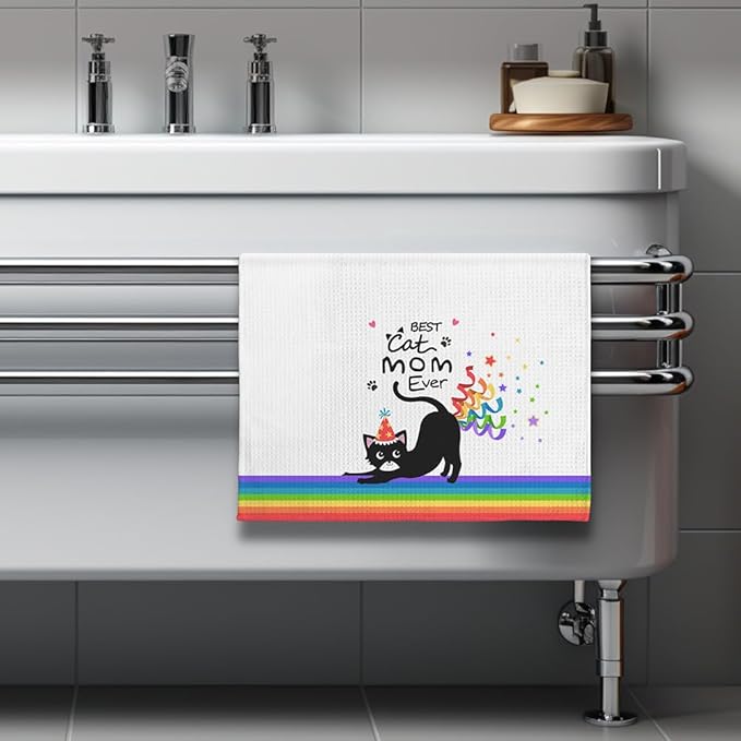 Birthday Gift for Cat Moms-Cute Kitchen Towel with Party Hat Kitty & Confetti Design,Quick-Drying Decorative Hand Towel for Kitchen & Bathroom Decor,Funny Feline Lover Accessories for Crazy Cat Ladies