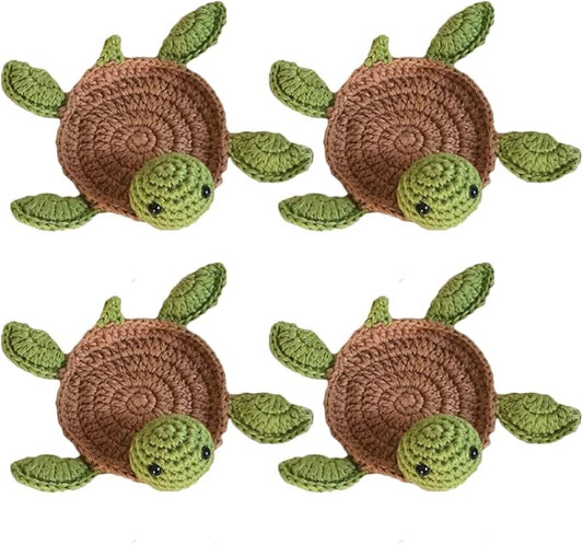 4 Pcs Crochet Tortoise Coasters for Drinks, Funny Handmade Woven Coaster Set, Cute Turtle Shaped Mug Cup Mat Table Desk Decoration