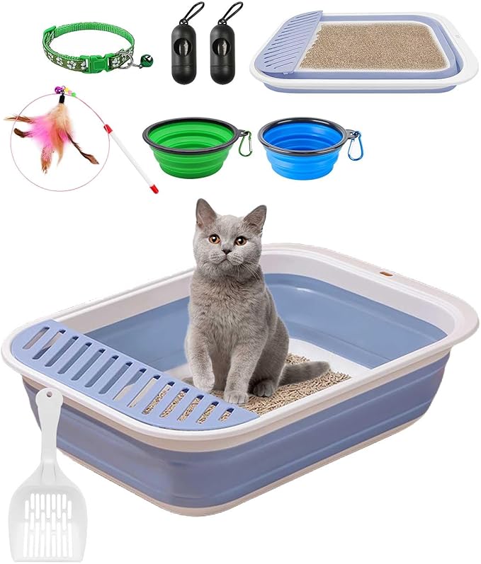 BNOSDM 8 Pcs Small Kitten Collapsible Litter Box Low Entry for Travel Set, Litter Boxes for Senior Cats, Foldable Cat Toilet, Open Small Litter Pan for Kittens (Blue)
