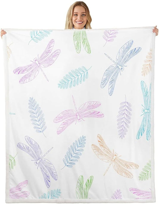Dragonfly Fleece Throw Blanket for Sofa Couch Bed Ornamental Dragonfly Printed Plush Blanket s Animal Pattern Sherpa Blanket Room Decor Floral Elements Fuzzy Blanket Twin 60x80 Inch