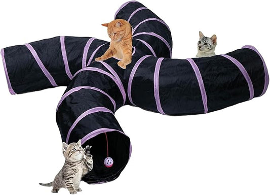 EGETOTA Cat Tunnel for Indoor Cats Large, with Play Ball S-Shape 4 Way Collapsible Interactive Peek Hole Pet Tube Toys, Puppy, Kitty, Kitten, Rabbit (S4 - Black & Pink)