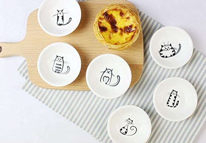 BigNoseDeer Super Cute Cat Ceramic Sauce Dish,Mini Side Seasoning Dish,Condiment Dishes,Sushi Soy Dipping Bowl,Snack Serving Dishes,Meow Porcelain Small Saucer Set(Set of 6)