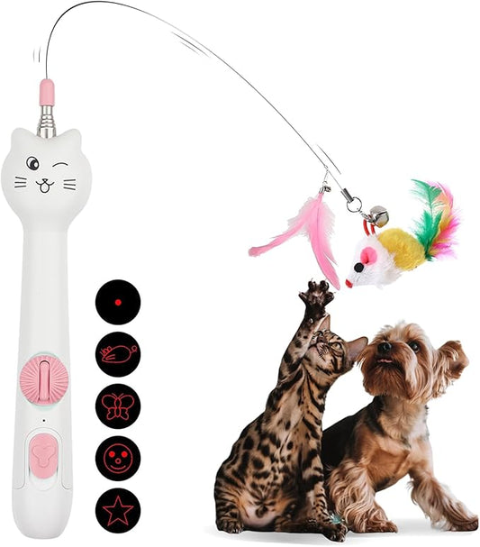 Cat Toys for Indoor Cats Retractable Cat Wand, with Feather & Mice, 3-in-1 Laser Pointer Interactive Cat Toy, 5 Modes, Kitten Toy for Indoor Cat and Dog (Pink)