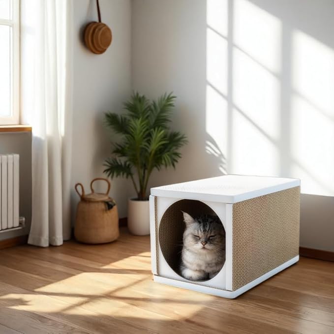 Cat Scratcher Tunnel, Cardboard cat House, Scratching Post for Indoor Cats, 360 Degree Comfort, Durable Design, Odor-Free, Easy Assembly, Perfect for Playful Kittens and Adult Cats, White