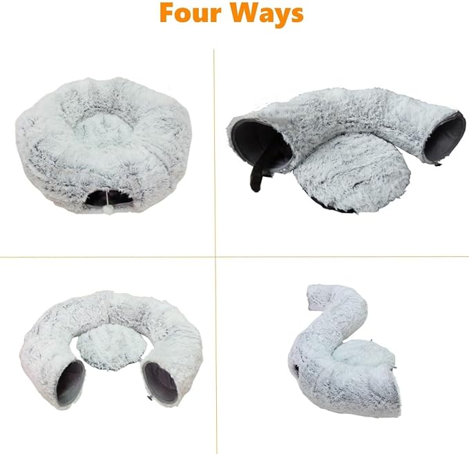 Plush Cat Tunnel Bed with Central Mat for Indoor Cat Kitten Puppy Rabbit,Under Christmas Tree Soft Plush Cat Play Tunnel, Peephole and Hanging Ball