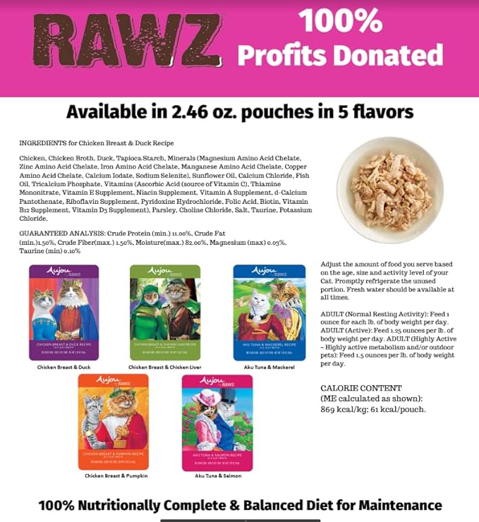 Rawz Aujou Chicken Breast & Duck Cat Food 8 Pouches 2.46 oz