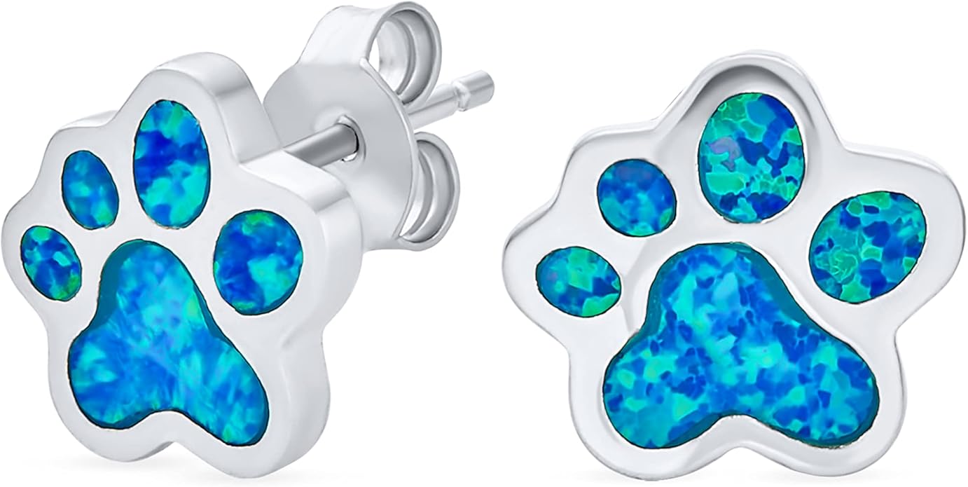 BFF Best Friend Animal Pet Lover BFF Blue Gemstone Opal Inlay Cat Dog Puppy Paw Print Stud Earrings Pendant Necklace Jewelry Set For Women Teen .925 Sterling Silver