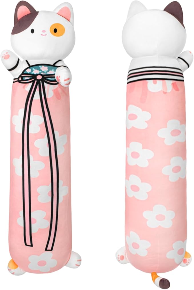 Long Cat Plush Pillow Cherry Blossom Cat Body Pillow Soft and Huggable Stuffed Animals Kawaii Plush Pillow for Girls Boys and Girlfriend, (Pink,33.5in/85cm)