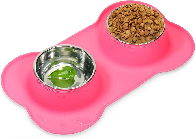 AsFrost Dog Food Bowls Stainless Steel Pet Food Bowls & Dog Water Bowls, Dog Bowls Silicone Mat No Spill Non-Skid Feeding Bowls for Small Size Dog Puppy Cat Food Dish, Pink, 3 Cup/24oz, Set of 2 Bowls