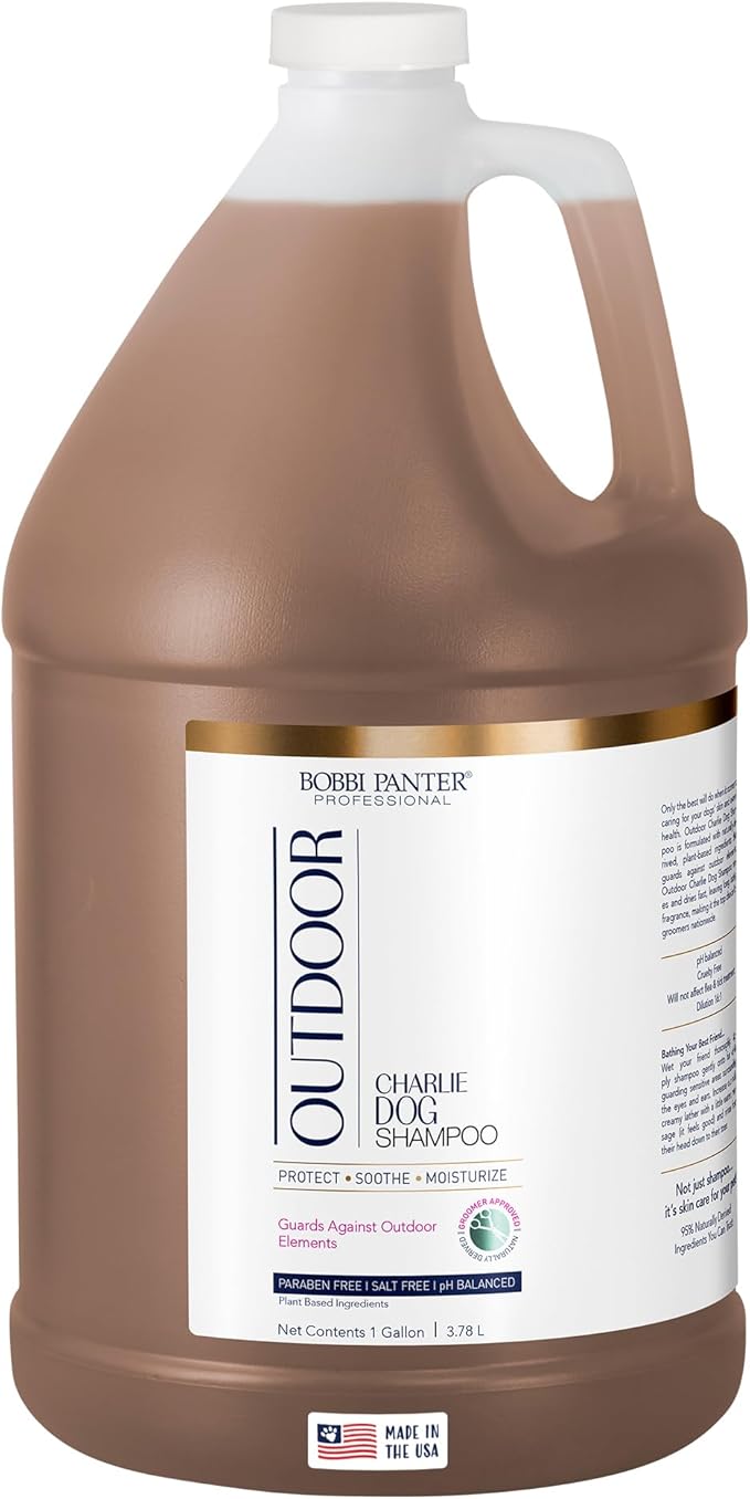Bobbi Panter Charlie Outdoor Dog Shampoo to Protect Fur & Moisturizes Skin, Natural Ingridients, Tear-Free, pH-Balanced, Concentrated 20:1 Formula, Clove & Cedarwood Scent, 1 Gal.