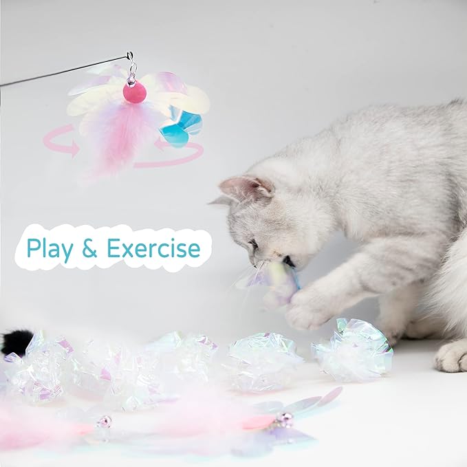 Cat Toy, Shiny Insect Refills for Cat Wand Toy, 9PCS Replacements with Bells for Cat Fishing Pole Toy, Interactive Cat Toy Lightweight, Chase and Exercise (Insects + Ball Set)