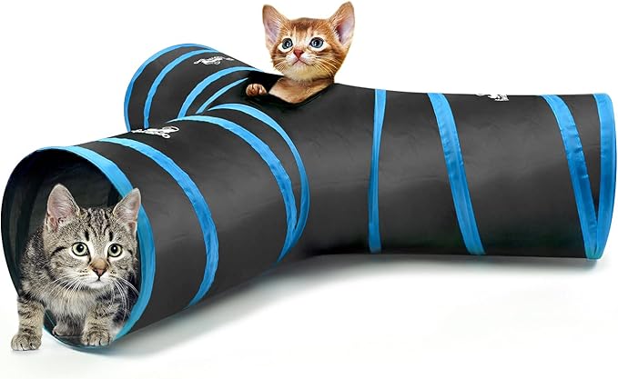 Pawaboo Cat Toys, Cat Tunnel Tube 3-Way Tunnels 25x53cm Extensible Collapsible Cat Play Tent Interactive Toy Maze Cat House Bed with Balls and Bells for Cat Kitten Kitty Rabbit Small Animal, Blue