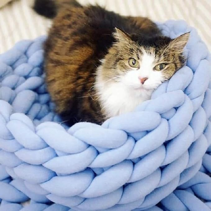 Lucky Monet Cat Basket Bed Cotton Knitted Round Pet Beds for Cats Cute Boho Cat Pet Bed Warm Woven Cat Nest for Puppy Kitten Cats Dogs (15.7", Blue)