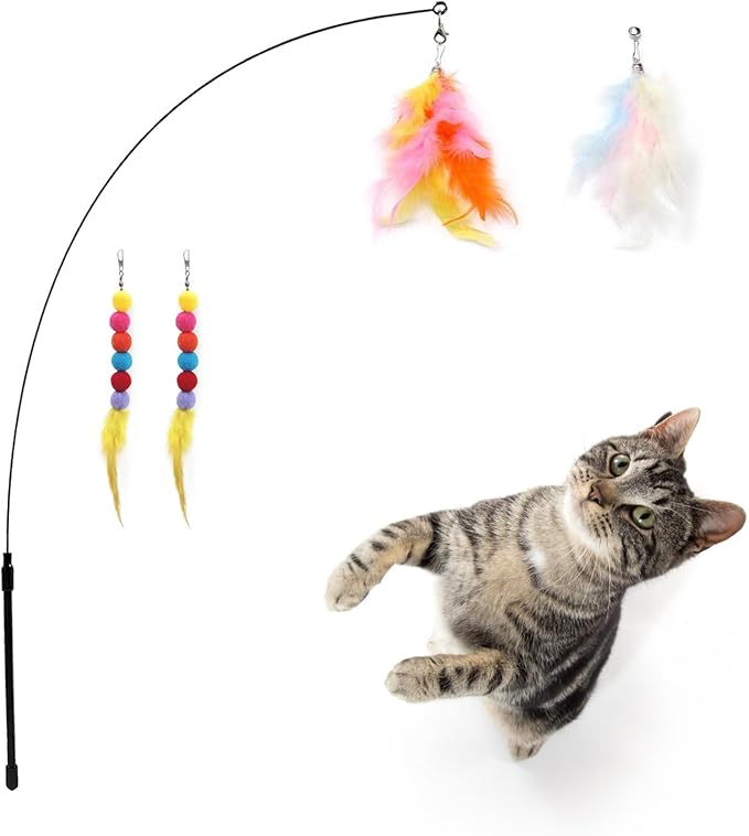 Cat Wand Toy for Indoor Cat Fishing Pole Kitten Feather Teaser Stick in Wood Handle Hunting Toys with Bells for Boredom and Chase an Ideal Kitty Pet Birthday (5 PCS)