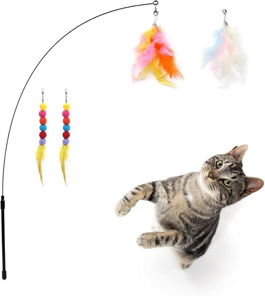 Cat Wand Toy for Indoor Cat Fishing Pole Kitten Feather Teaser Stick in Wood Handle Hunting Toys with Bells for Boredom and Chase an Ideal Kitty Pet Birthday (5 PCS)