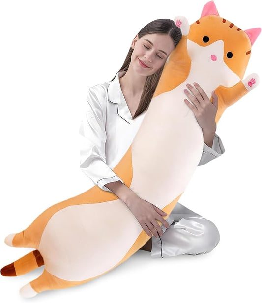 shangman Lovely Plush Cat Doll Cute Cartoon Soft Stuffed Kitten Pillow Long Throw Sleeping Pillow Doll Toy Gift for Kids Girlfriend Multiple Size (Brown,130cm/51.1in)