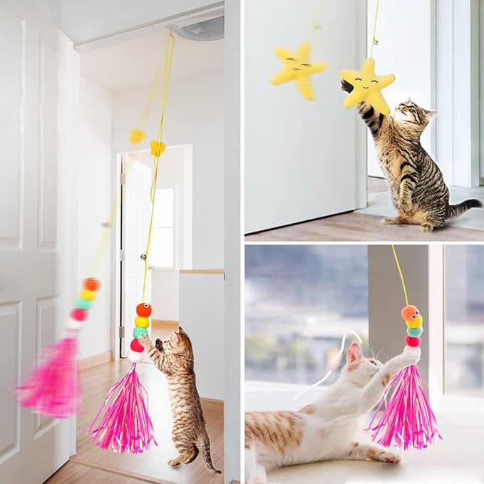 Mice Toys for Indoor Cats - 3 Pack Hanging Door Cat Toys with Tassel - Retractable Cat Toy with Rope Mouse Starfish Caterpillar - Interactive Cat Teaser Toy for Indoor Kitten Play Chase Exercise
