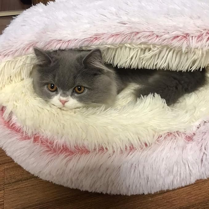 La La Pet® Modern Pet Soft Plush Burrowing Cave Faux Fur Cuddler Round Cat Bed Self Warming Autumn Winter Indoor Snooze Sleeping Cozy Nest for Mini Medium Sized Dog Kitty Teddy Kennel (Pink, S)