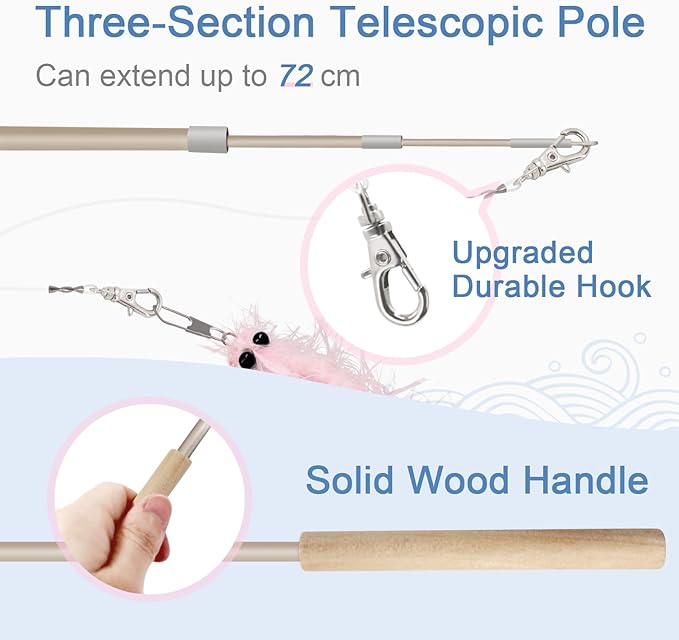 SONGWAY Worm Cat Wand Toys - 6 PCS Cat Worm Toys with Retractable Cat Wand, Cat Feather Tail Toys, Cat Fishing Pole Toy, Interactive Cat Toys for Indoor Cats Kittens